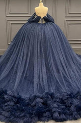 Ball Gown Off Shoulder Sleeveless Beaded Crystal Pleated Sequins Ruffles Tiered Lace Up Sparkly Dark Navy Tulle Quinceanera Dress Formal Evening Party Gown For Sweet 16